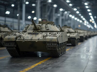 Das KI-generierte Bild zeigt Panzer in einer Fabrikhalle.